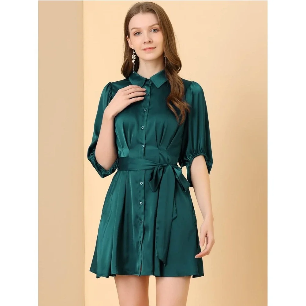 Emerald‎ Green Satin Shirt Dress Puff Sleeve Tie Waist Fit Flare Mini